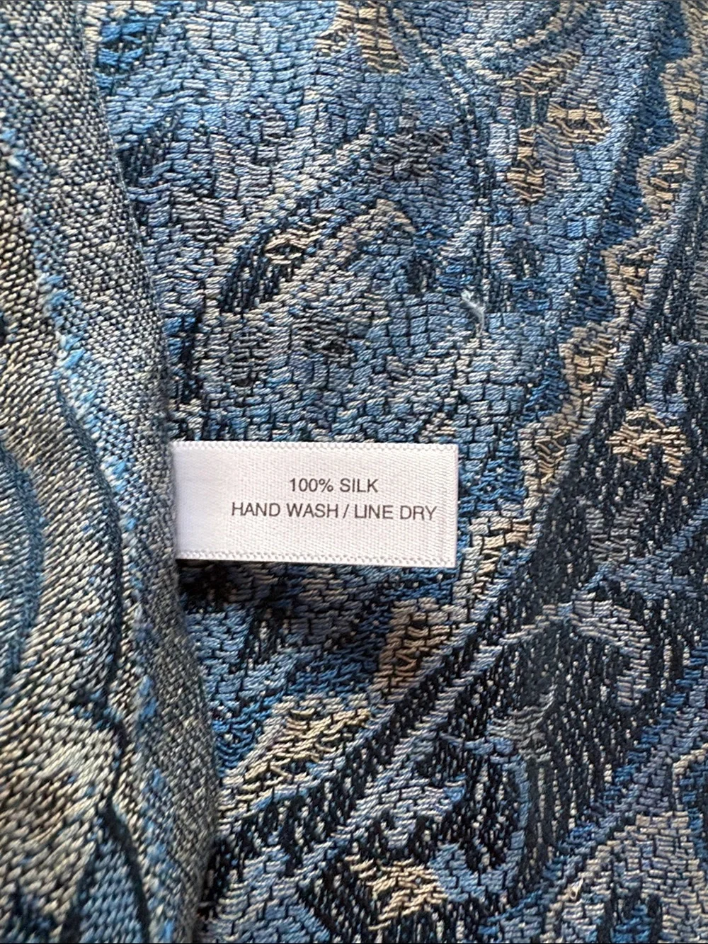 Blue Paisley Floral Boho Chic 100% Silk Scarf Wrap with Fringe - XL 80x27